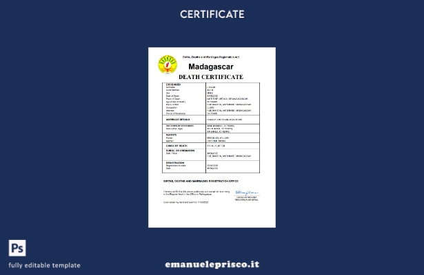 certificato di morte del documento di stato civile del Madagascar in stile verif